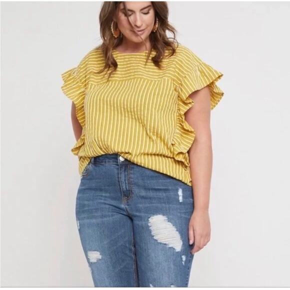 ELOQUII-Plus Size Mustard Yellow Striped Bow Back Ruffle Blouse - Picture 7 of 7